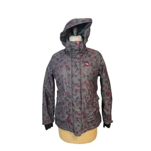 Powder Room Core Gray Red animal Print Hooded Ski Snowboard Jacket Small